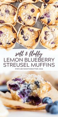 These incredibly soft and fluffy Lemon Blueberry Streusel Muffins have a ton of big fat blueberries in them, the perfect amount of lemon flavor, and a sweet and crumbly streusel topping to bring it all together! The best is having them still warm from the oven with a little butter — SO GOOD. #muffins #muffinsrecipes #lemon #blueberry #blueberrymuffins #streusel #beyondthebutter