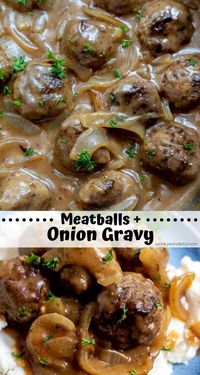 This One-Pan Meatballs and Gravy with Onions is a simple yet satisfying weeknight dinner recipe for the whole family. Easy Swedish-style meatballs smothered with a Sweet Vidalia Onion Gravy served over mashed potatoes, rice or noodles. #meatballrecipes #dinnerideas #weeknightdinnerideas #easydinnerrecipes #swedishmeatballs #onepanmeals #easydinner