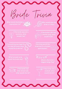 Bridal Trivia template for your hens party games! Answer fun, unique questions about your bride that are bound to get laughs out of your hens party guests!! Once you have downloaded your template, all you need to do is print and ENJOY! :)