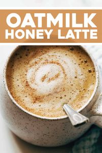 Oatmilk Honey Latte - a delicious homemade morning treat! Steaming hot, rich, and dark coffee that's satisfyingly creamy, barely sweet, and warm-spiced. #latte #oatmilk #dairyfree