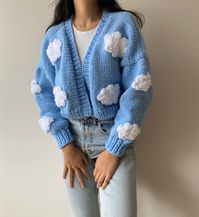 Handknit Chunky Cloud Cardigan Embroidery,Cozy Soft Punch Needle Women Sweater,Handmade Crop Knit Outfit,Gift kit for her,Baby Blue Y2k Top This cardigan is a UNIQUE and one and only piece. It is made to order and handknitted with mixture of cotton and wool yarn. Chunky Cloud Pattern is crocheted with %100 baby cotton yarn. 100% Handmade, Free Shipping Please send me a message for different colour options and customization. CARE: Washing instruction: gentle washing cycle or hand washing can be d