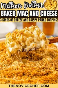 This lusciously creamy million dollar mac and cheese casserole is made with 3 different types of cheese and a crispy, buttery panko topping. This baked mac and cheese recipe is so incredibly good, everyone will be going back for seconds! You can even make it a one-pot recipe by using a Dutch oven!