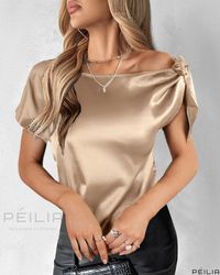 Peilia - Satin Top with Elegant Bowknot Embellishment and Short Sleeves