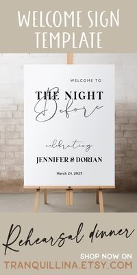 This Wedding Rehearsal dinner welcome sign is an Editable Corjl template. In item description you can find all the details how to order & how it works (click on TITLE) or follow this link: https://tranquillina.etsy.com to see more of our party invites and decor. #invitation #template #wedding #minimalist #modern #ideas #rehearsal #dinner