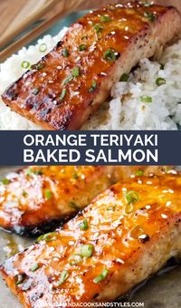 Orange Teriyaki Salmon - Delicious easy baked salmon in a mouthwatering orange teriyaki glaze finished with fresh chopped green onion and sesame seeds.