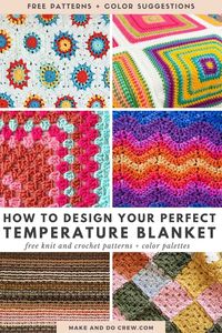 A collection of knit and crochet temperature blankets and color palettes.