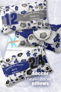 ad: Soccer themed pillows with custom team colors, shown here in blue and gray or black -- many more team color combinations are available #soccerpillows #soccerteamspirit #soccerplayergifts #soccerroomdecor