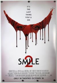 Original theatrical movie poster for Smile 2. Size is 27"x40" Poster is double sided for light box usage. Displays fine without a lightbox. Back side is a mirror image of the front. These are not print on demand, they are original studio printed posters. Near Mint to mint, no speakable flaws. Poster ships in crush resistant tube, polysleeved, with both ends padded.