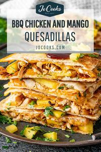 Filled with chicken, cheese and fresh mango topped with BBQ sauce and cilantro, these BBQ Chicken Mango Quesadillas are delicious! #bbq #chicken #quesadillas #recipe