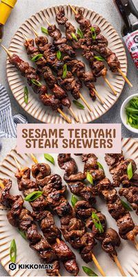 Quick, easy, and bursting with flavor, these Teriyaki Sesame Beef Skewers are perfect for grilling! Marinated in Kikkoman® Teriyaki Marinade & Sauce and Sesame Oil, these tender beef skewers are a perfect grilling treat. Garnish with green onions for a delicious and simple meal!