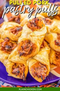 Pulled Pork Pastry Puffs - only 4 ingredients! Great recipe for a quick lunch, dinner or party. Smoky pulled pork tossed with BBQ sauce and cheese then baked in puff pastry. SO good! Can make ahead and freeze for later. We love to serve these with some coleslaw and extra BBQ sauce or Ranch for dipping. YUM! #pulledpork #partyfood #appetizer #tailgating