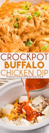 Creamy and cheesy Slow Cooker Buffalo Chicken Dip is everyone's favorite dip! This buffalo chicken dip recipe is full of tender chicken, buffalo sauce, ranch, garlic, cream cheese, and cheddar for the ultimate game day or party appetizer! #buffalochickendip #buffalodip #crockpot #gameday #appetizer