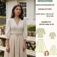 Cottagecore Linen Blouse and Skirt set sewing pattern available as an instant download (pdf) sewing pattern bundle with a range of size options, including plus sizes ⭐US Sizes: 2, 4, 6, 8, 10, 12, 14, 16, 18, 20, 22, 24, 26, 28, 30 ⭐Standard Sizes: XS, S, M, L, XL, 2XL, 3XL, 4XL ⭐These patterns are suitable for A4, A0, and US Letter size papers. ⭐Once your payment is processed, you will automatically receive download links for the pattern files. Please note that you can only download the files f