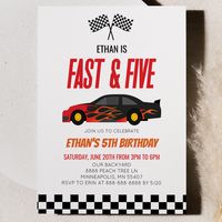 This is a Fast & Five Red Flame Race Car 5th Birthday Party Invitation!