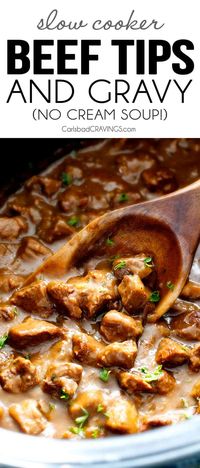 Ridiculously tender, Homemade Slow Cooker Beef Tips and Gravy (without any “cream of” anything!) is richly satisfying, comforting and flavorful and the perfect make ahead meal for busy weeknights! I also love serving it for special occasions or holidays because it is so easy, make ahead and super easy to double or triple the recipe!