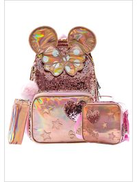 Because little princesses deserve magic, our metallic mouse backpack set is full of enchanting details! It is decorated with sparkling sequins, adorable mouse ears, and star accents. Your little darling will LOVE showing this off to her classmates! Spacious interior fits her essentials, while its zippered closure makes sure her treasures are safe and secure! Designed with zippered compartments for organized storage. Packing her stuff will be so much easier. Eye-catching design and color make a style statement. Guaranteed to elevate ANY outfit. Can be used for school, casual outings, vacations, trips abroad, or everyday life on the go Set includes a sequin mouse ears backpack, metallic lunchbox, and matching metallic pencil case