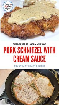 Pork Schnitzel with Cream Sauce is one of our favorite comfort dinners. It works well for a Sunday dinner or for your next Octoberfest celebration. #porkschnitzelwithcreamsauce #maindishes #pork #germancuisine #oktoberfest #dillcreamsauce #porktenderloin #germanfood #breadedmeat #friedfoods #castironskillet #countryatheartrecipes https://countryatheartrecipes.com/2020/06/pork-schnitzel-with-cream-sauce/