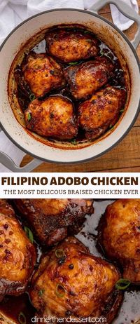 Adobo Chicken is a classic Filipino recipe cooked in soy sauce, garlic, vinegar and peppercorns that makes the most delicious braised chicken ever. #adobochicken #chicken #braisedchicken #filipinorecipes #filipinofood #dinner #dinnerthendessert