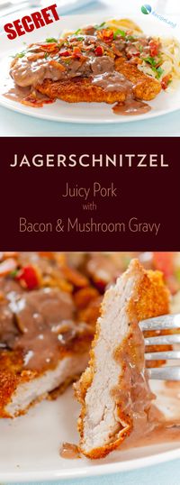 Pork or veal schnitzel with a mushroom sauce topped with bacon. Perfect for Oktoberfest or any time you are hankering for German fare.