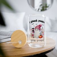 I ghost people year round | Pink Halloween aesthetic glass iced coffee cup, smoothie or iced tea