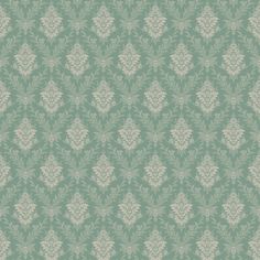 a green wallpaper with white flowers and leaves on the bottom half of it, in an ornate pattern