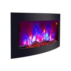 an electric fireplace with colorful lights on the front and back sides, in black frame