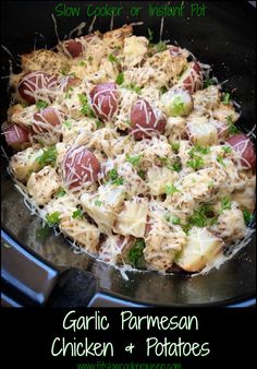 this is an image of garlic parmesan chicken and potatoes in the slow cooker