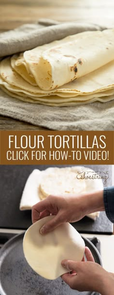 how to make flour tortillas in an electric skillet with text overlay that reads, flour tortillas click for how to video