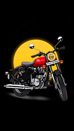 a red and black motorcycle parked in front of a full moon on a black background