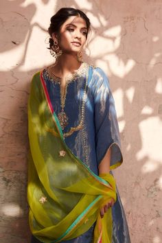 Buy Blue Tissue Silk Embroidery Round Kurta Set For Women by Rajiramniq Online at Aza Fashions. Silk Kurta Set, Embroidered Salwar, Indian Sari Dress, Heavy Dresses, Blue Kurta, Kurta Set For Women, Designer Kurti Patterns, Classy Outfits For Women, Pakistani Fashion Casual