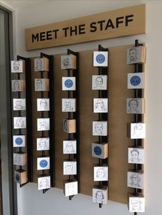 a group of wooden plaques with drawings on them hanging from the wall next to a sign that says meet the staff