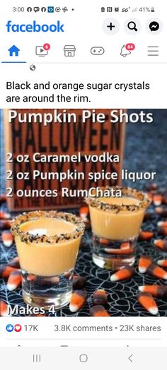 two glasses filled with pumpkin pie shots on top of a table