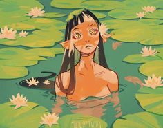 a painting of a woman floating in the water with lily pads around her head and eyes