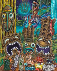 an image of some art work with many different things in the background, including monsters and other