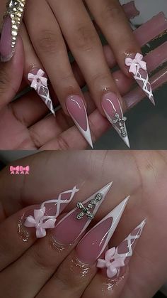 Nail Ideas Pointy Almond, Stilleto Birthday Nails Designs, Bday Nail Designs, Coffin Tip Nails Design, Stiletto Nails With Bows, Stiletto Bow Nails, Nail Designs Blush, Stellos Nails Design, Stellio Nails Designs