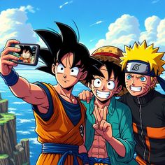 the three characters are taking a selfie with their cell phones in front of an ocean