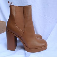 Unworn Tan Booties Size 11 Triple Cognac Steve Madden Chunky Booties Chic High Ankle Platform Boots In Brown, Trendy Brown High Heel Platform Boots, Brown High Ankle Platform Boots For Workwear, Chic Brown High Ankle Platform Boots, Brown Faux Leather Boots With Chunky Platform, Brown Platform Ankle Heeled Boots, Chic Brown Chelsea Boots For Fall, Chic Brown Platform Heeled Boots, Brown Faux Leather Platform Boots With Chunky Platform