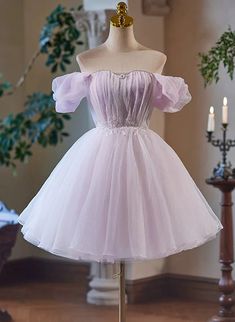 Cute Tulle Light Purple Off Shoulder Party Dress, Light Purple Homecom Light Purple Homecoming Dress, Purple Short Prom Dress, Purple Short Dresses, Dama Outfits, Lilac Homecoming Dress, Sweet 16 Dresses Short, Prom Dress Purple, Purple Homecoming, Purple Homecoming Dress