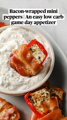 small appetizers with bacon wrapped in cheese and ranch dressing on a white plate