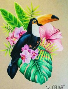 a painting of a toucan with flowers and leaves