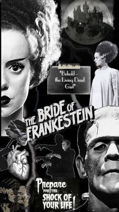 the bride of frankenstein collaged in black and white, with images of actors