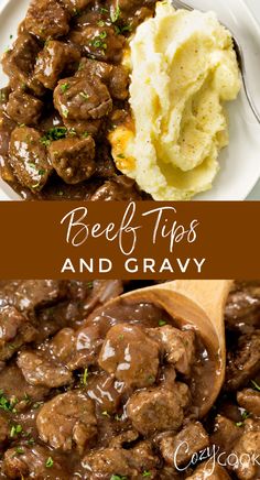 Beef Tips and Gravy in a skillet and on a plate with mashed potatoes Dinner Ideas With Beef Stew Meat, Beef Tip Meals, Easy Stew Meat Recipes Stove Top, Main Dishes For Dinner Beef, What Goes Good With Mashed Potatoes, Easy Beef Tips And Gravy Crock Pots, Beef Tips And Gravy Instapot, Beef Stew And Mashed Potatoes, Slow Cooker Beef Tips With Gravy