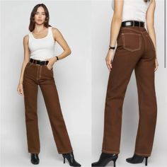 In Amazing Condition!! High Rise Brown Denim Pants, Non-stretch Brown Jeans, Brown Mid-rise Jeans With Button Closure, Reformation Jeans, Non-stretch Brown Cotton Jeans, Brown Non-stretch Denim Jeans, Straight Jeans, Brown Color, Straight Leg