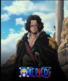 one piece anime character standing in front of a blue sky with clouds and rocks behind him