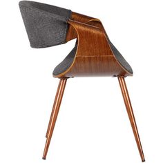 an upholstered chair with wooden legs and grey fabric on the back, viewed from the side