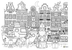 a black and white drawing of people in front of a city with lots of buildings