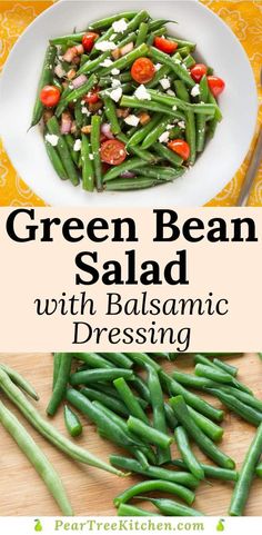 green bean salad with balsamic dressing in a white bowl on a wooden table