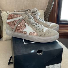 New With Box. Shu Shop Rose Gold Glitter High Top Sneakers. Size 7.5 Glitter High-top Sneakers For Spring, Spring Lace-up Sneakers With Glitter Print, Spring Glitter Print Lace-up Sneakers, Fringe Sneakers, Glitter Slides, Rose Gold Sneakers, Pink Snake, Fringe Fashion, Glitter Sneakers