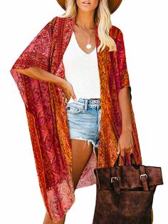 PRICES MAY VARY. Material: This women kimono cover up is made of 100% viscose,super lightweight and breathable. Measurements: Length - 37.4in/95cm. Width - 35.4in/90cm,one size fits most, perfect for any body type. Design:Unique boho orange floral print, plus soft fabric to finish an outfit, kimono sleeves complete the look. Occasions: This beach kimono is suitable for beach, pool and daily wear, match well with swimwear ,shorts, jeans ,T-shirts or vest,also can be a cute coat over a dress. Wash Swimsuit Coverups Beach, Clean Style Fashion, Coverups Beach, Cover Up Swimwear, Cardigan Summer, Swimsuit Coverups, Cute Coats, Summer Kimono, Summer Cardigan