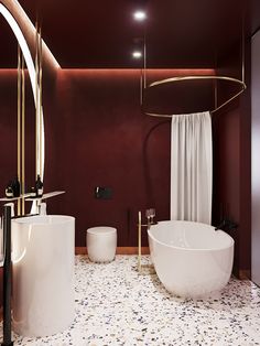 a bathroom with two sinks and a bathtub in the middle, along with a large mirror on the wall